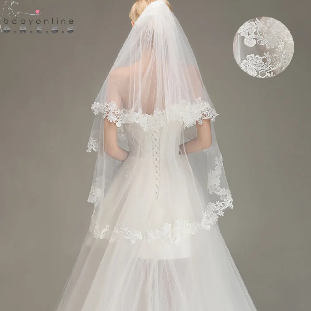 Voile Mariage 1.5M Короткая Фата с Кружевной Кромкой Расческой Двухслойная Вуаль Невесты Дешевые свадебные Аксессуары Veu de Noiva