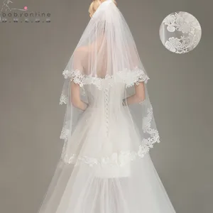 Voile Mariage 1.5M Короткая Фата с Кружевной Кромкой Расческой Двухслойная Вуаль Невесты Дешевые свадебные Аксессуары Veu de Noiva