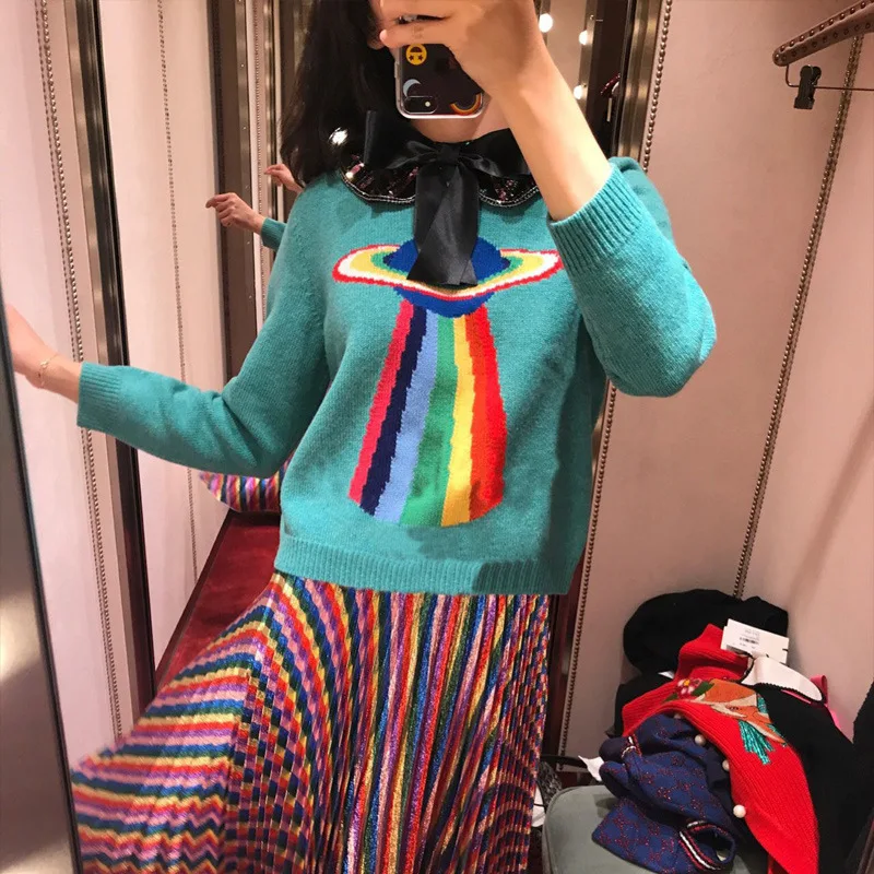 

2019 Winter Runway Womne Planet Sweater and Pullover Luxury Sequins Neck Long Sleeve Female Knitted Jumper Lady's Clothing Tops