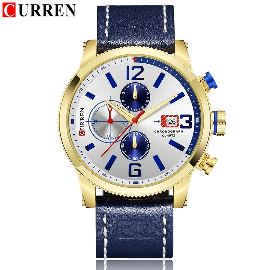 blue gold CURREN 8281, мужские часы, водонепроницаемые, Лидирующий бренд, Роскошные, с хронографом, с датой, модные, повседневные, из натуральной кожи, спортивные, военные, мужские часы - Цвет: blue gold