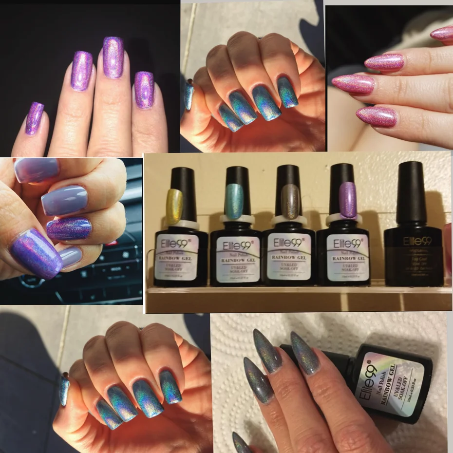 

Elite99 5Pieces/Lot Holographic Rainbow Nail Polish Set with Soak Off UV LED Metallic Top Coat Gel Polish Nail Art Manicure 10ML