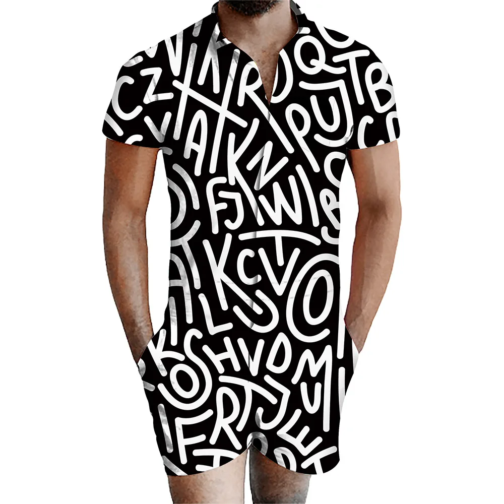 

black letter white Text Jumpsuit Men's Short Sleeve 3d Jumpsuit Jumpsuit Harlan Cargo Workwear Summer Dress Dropshipping