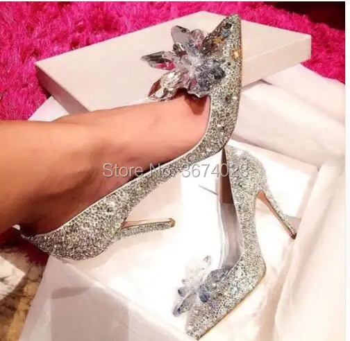 Qianruiti Wedding Shoes Women Cinderella Crystal Pumps Slip On Diamonds Pointed Toe Stilettos Bridal Bling 11 cm 9 7 | Обувь