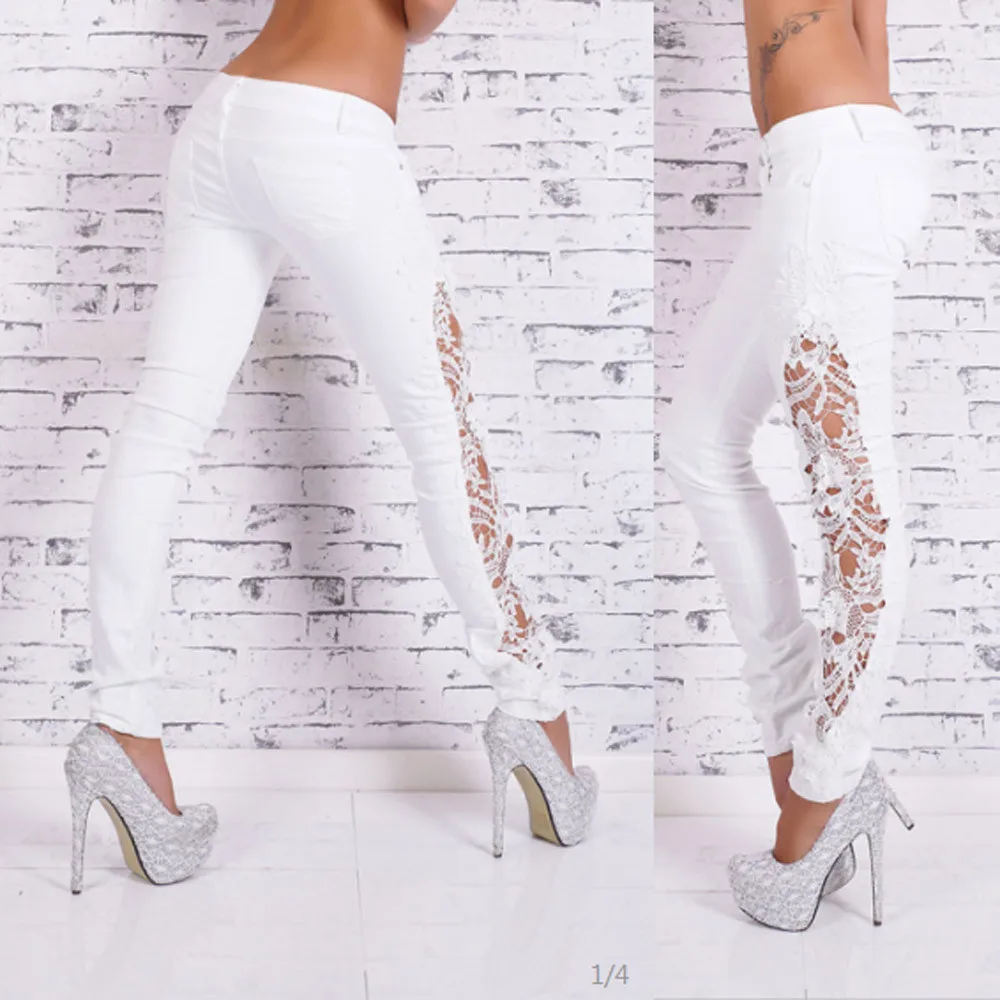 Модные женские повседневные джинсы с цветочной кружевной вставкой и низкой