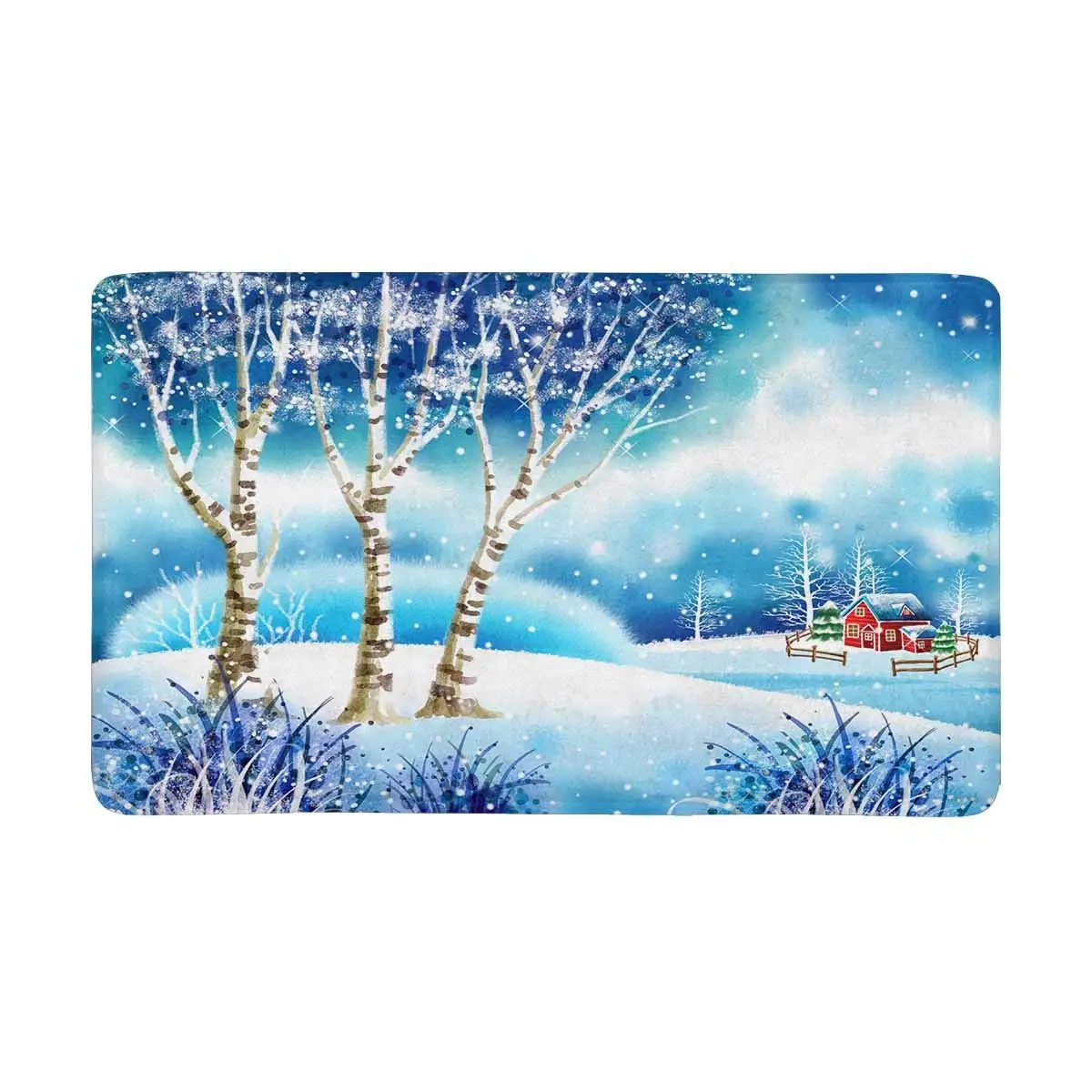 Маленький красный дом на расстоянии среди снежных холмов деревья Коврик