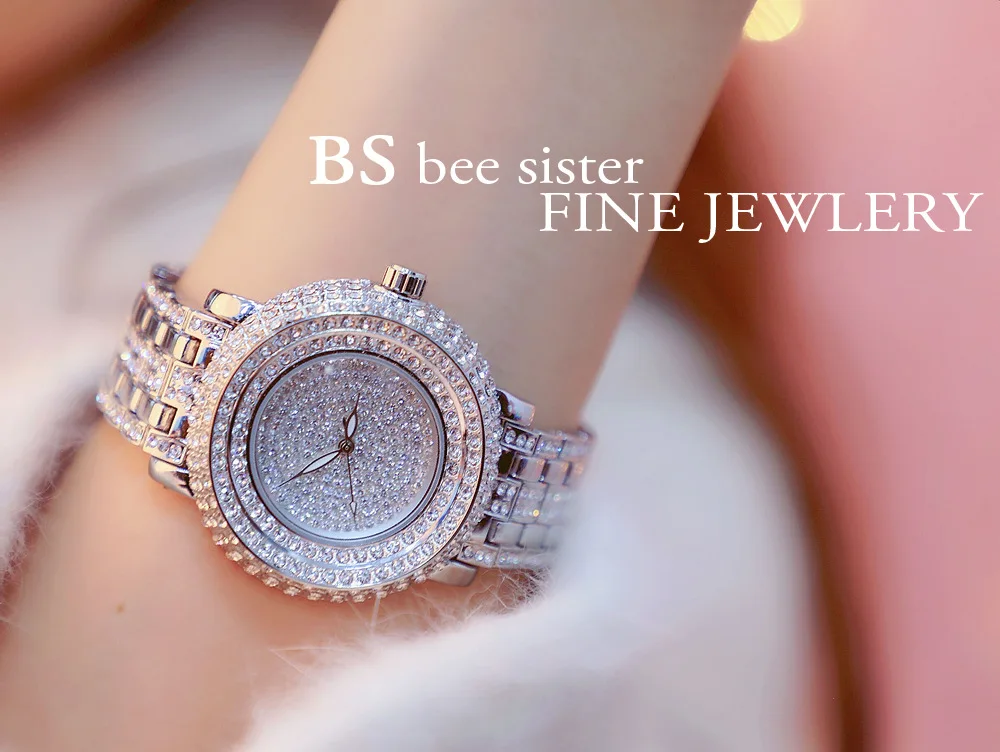 Женские часы с кристаллами кварцевые ремешком из нержавеющей стали стразы