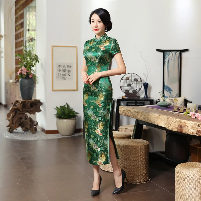 New Green Satin Flower Cheongsam Chinese Classic Women Sexy Qipao Elegant Short Sleeve Long Novelty Dress High Quality 3XL