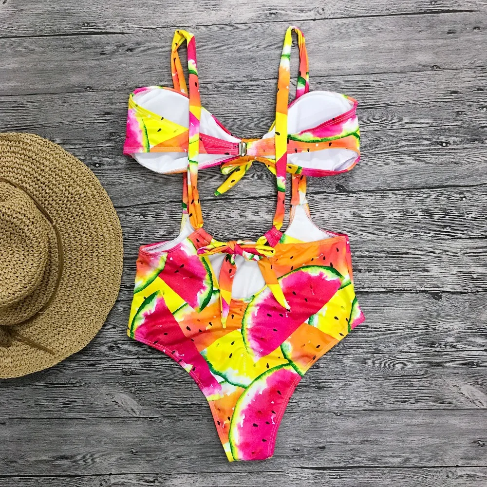 2019 один штук сексуальные купальники Для женщин купальник бандо с принтом ванный