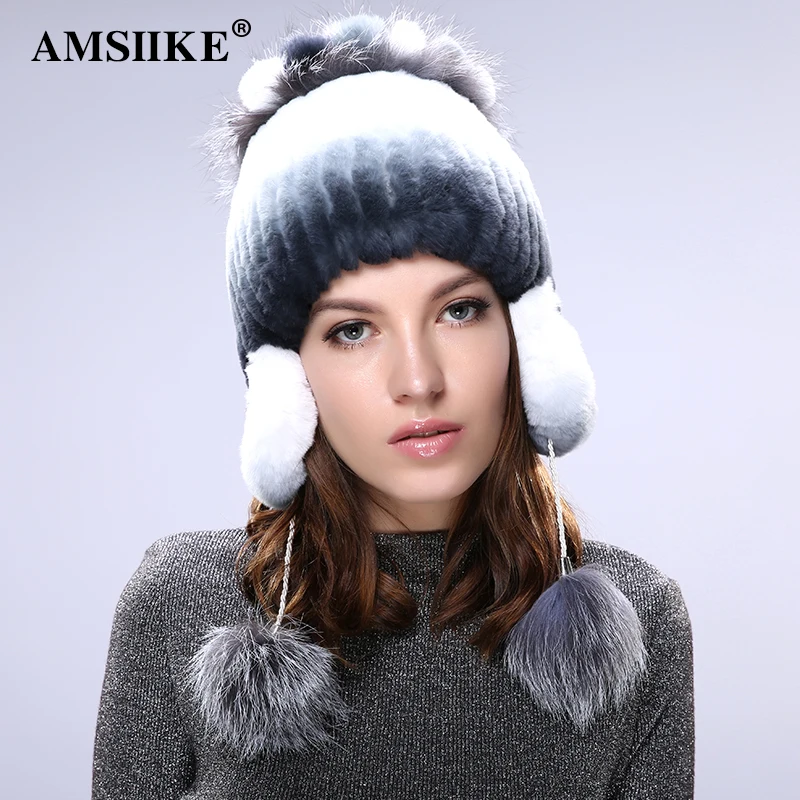 AMSIIKE Женская Шапка из бобра с бубонами чернобурки TM706|bomber hat|knit bomberrabbit cap |