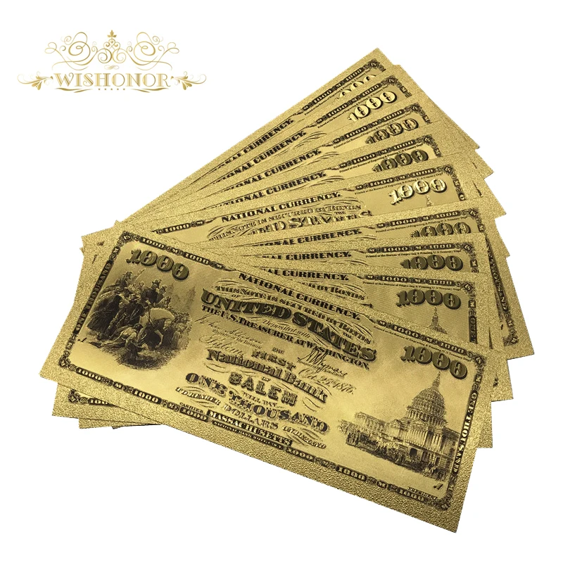 Wishonor 10 шт./лот 1875 год американская цветная Золотая банкнота USD 1000 доллар 24K