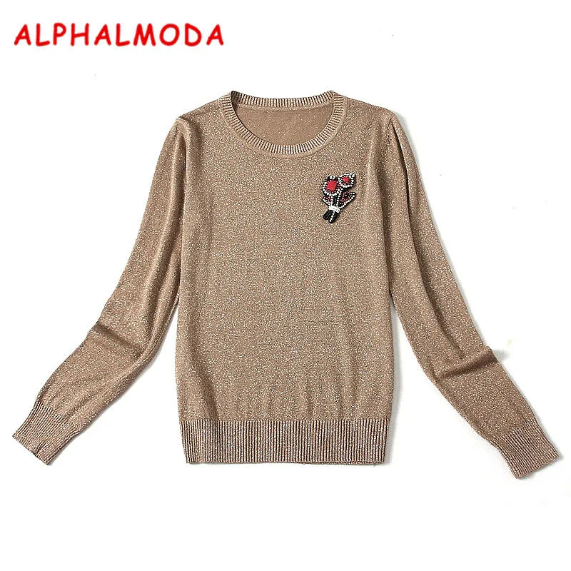 Женский пуловер с кристаллами ALPHALMODA свитер круглым вырезом и длинными рукавами