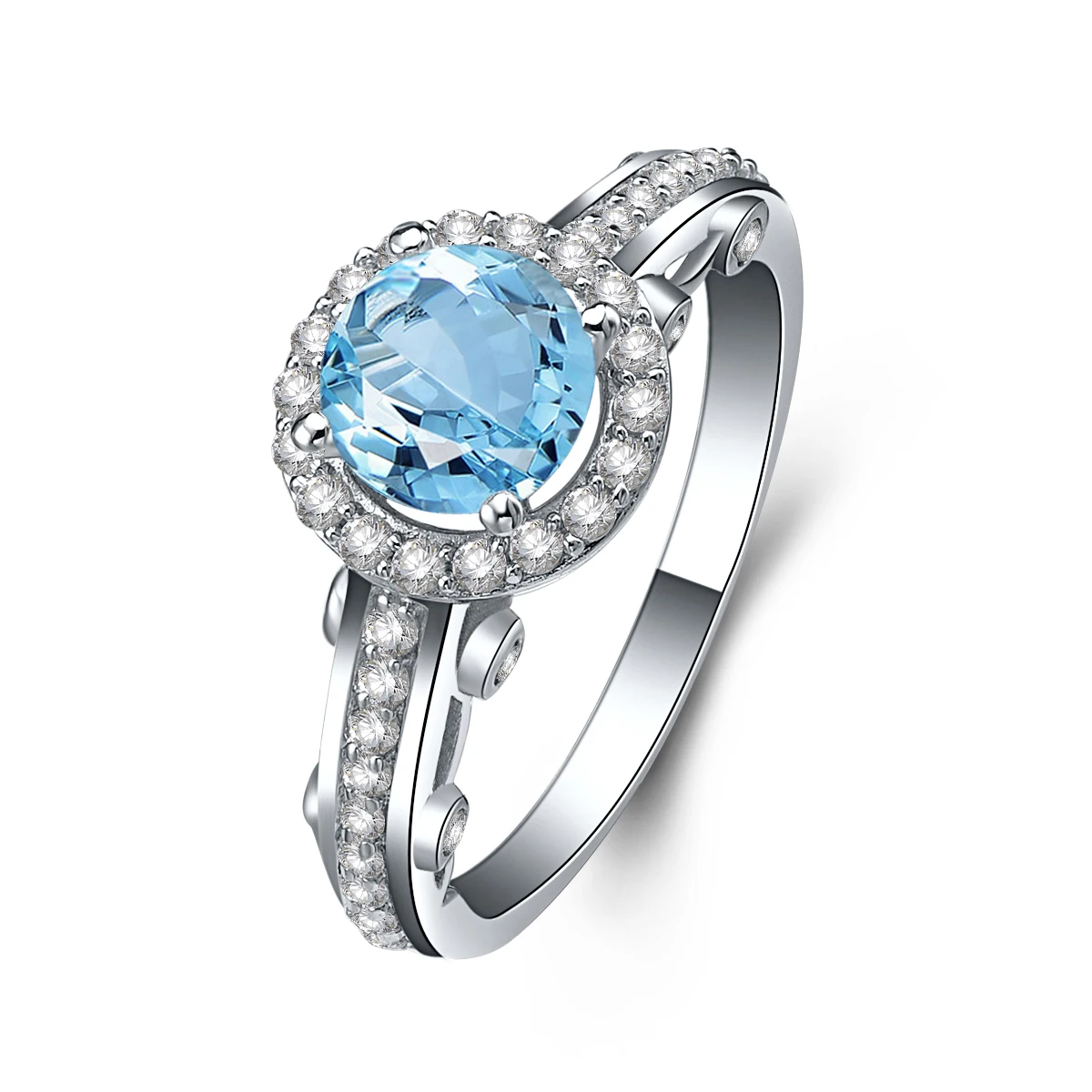 

QYI Luxury 1.25 ct Round cut Natural Sky Blue Topaz Rings For Women Solid 925 Sterling Silver Gemstone Halo engagement ring
