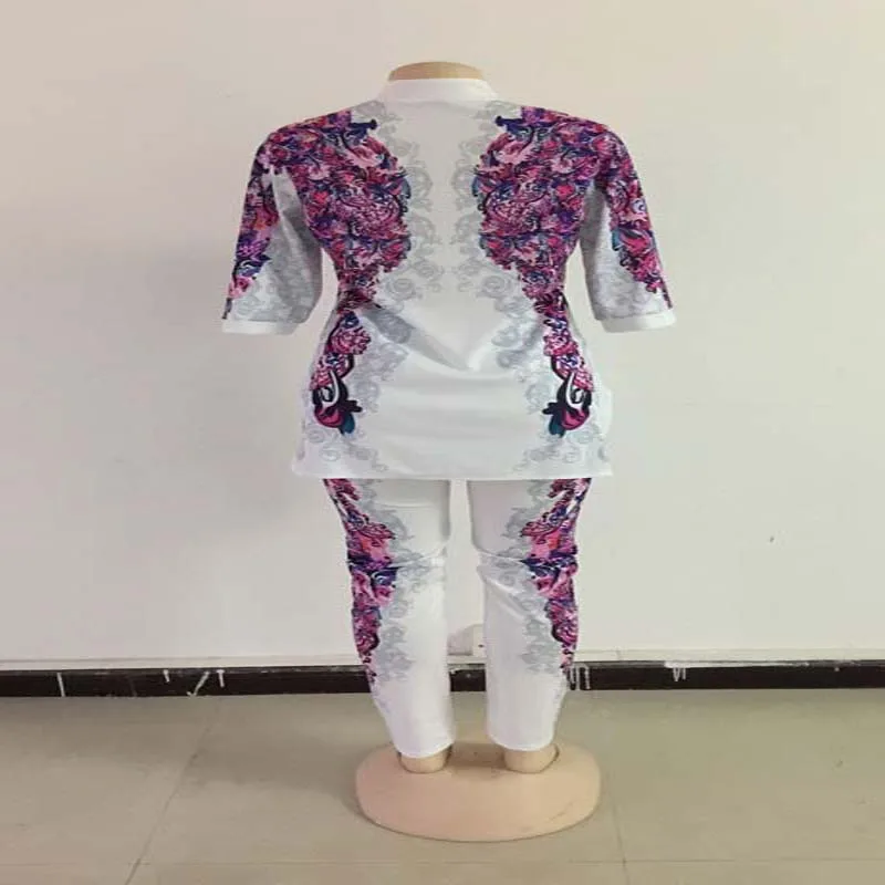

New Spring Printed Colorful Two Piece Set Three Quarter Sleeve Single Breasted Long Shirt&Long Pants Bodycon Tracksuit Overalls