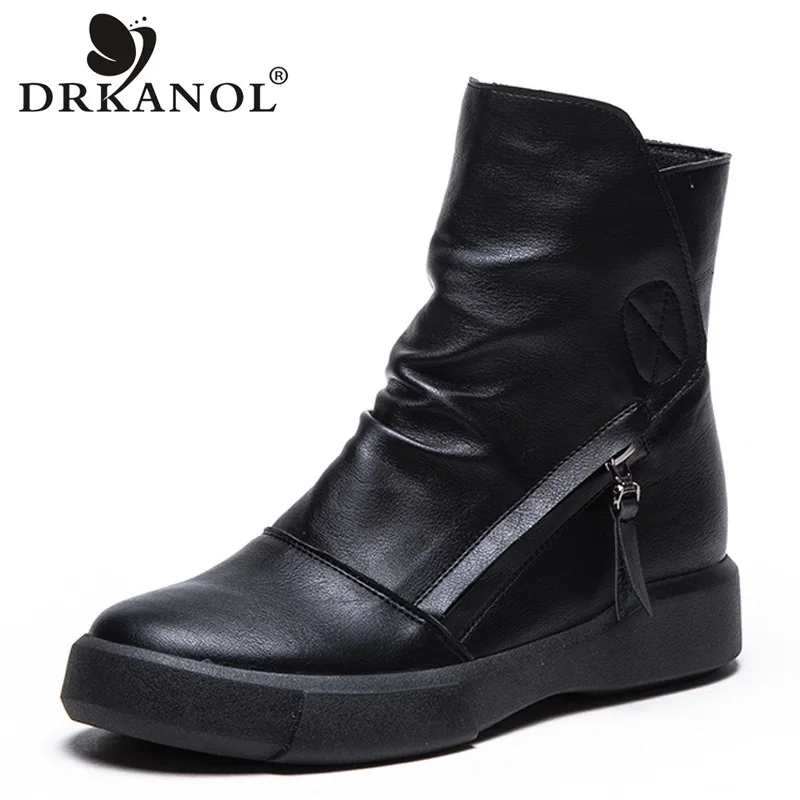 

DRKANOL/2021; Винтажные женские ботинки из искусственной кожи; Модные однотонные Черные ботильоны на плоской подошве с боковой молнией; Теплые зи...