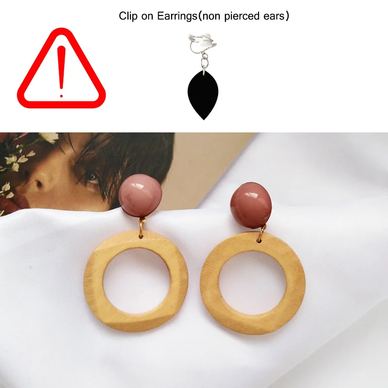 yellow clip-on Винтажные полые деревянные круглые серьги-клипсы для женщин, простые яркие цветные круглые серьги-клипсы без проколов - Окраска металла: yellow clip-on