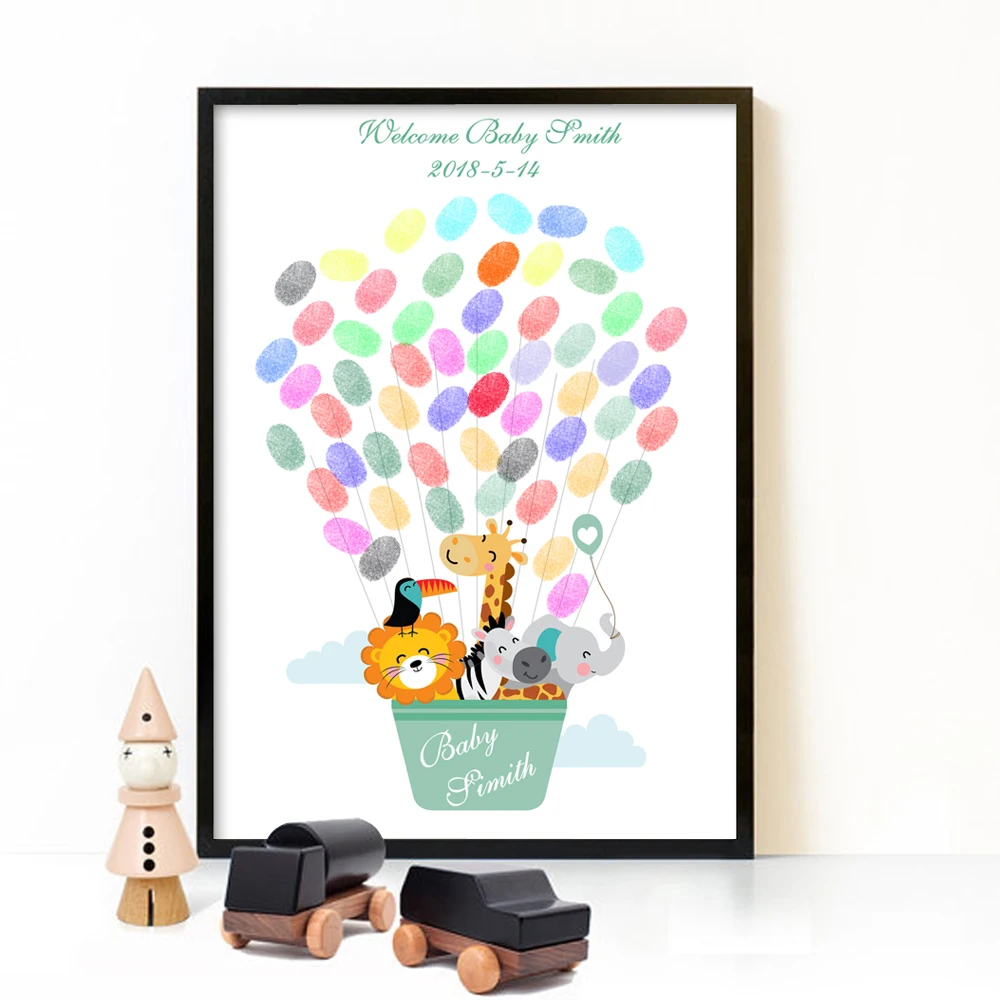 

Custom Theme Name Date Cartoon Animals Kids Fingerprint DIY Painting Baby Shower Baptism First Communion and Birthday Souvenir
