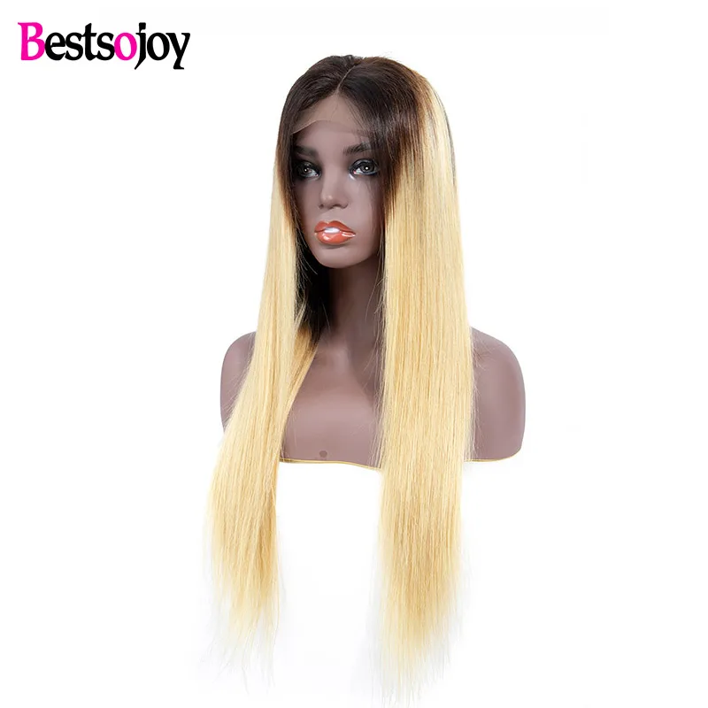 Bestsojoy Ombre Цветные 1B 27 прямые человеческие волосы на кружеве парики "-24" М Remy 13x4 ухо к уху кружевные передние al парик с темным корнем