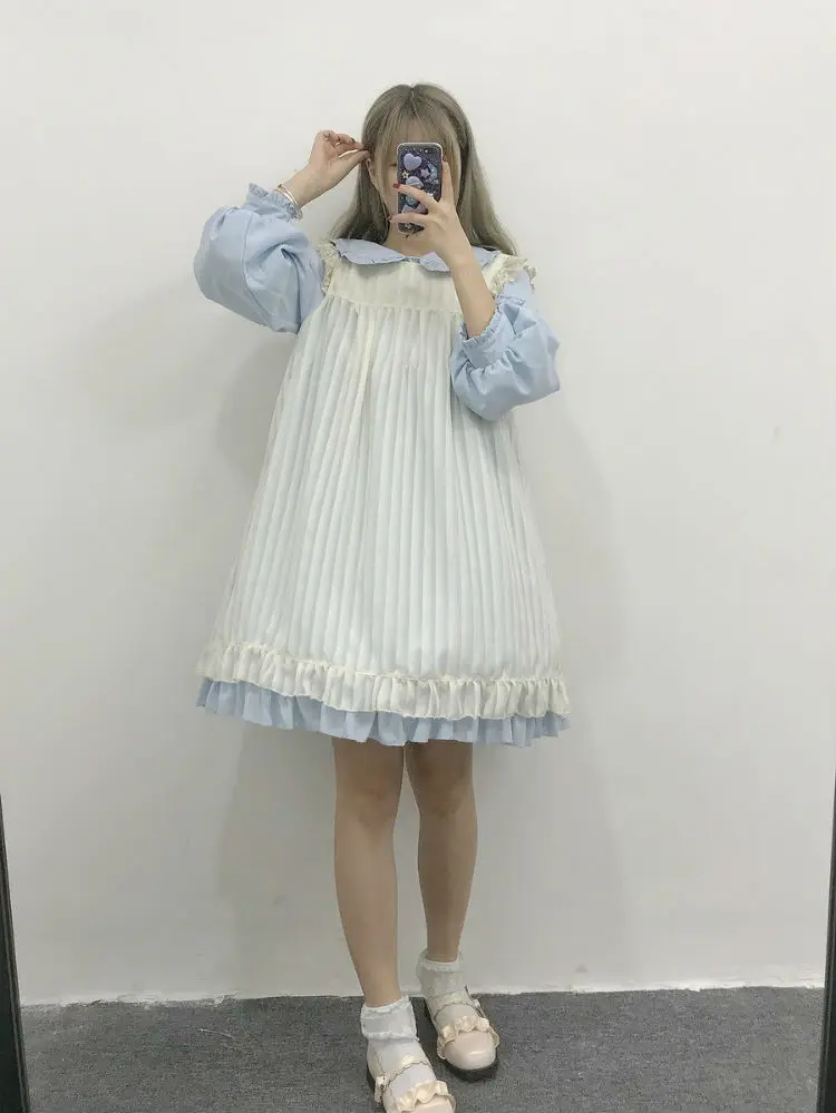 Женское платье в японском стиле Kawaii в стиле Лолиты; однотонные розовые и синие платья; милая втулка в стиле Лолиты для девочек; воротник-кукла с фартуком; юбка дворец