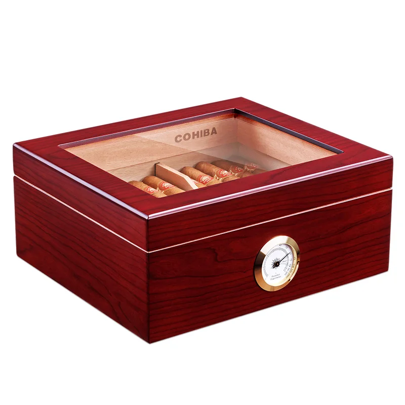 COHIBA Humidor aprox 50 шт. емкость кедровое дерево сигара увлажняющая коробка с увлажнитель с гигрометром HH-120 стеклянная крышка