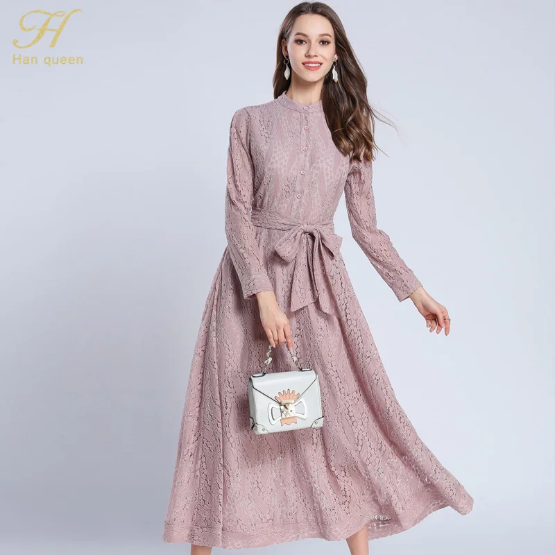 H han queen, новинка, Кружевное Платье макси с бантом, облегающее, модное, с круглым вырезом, сексуальное, с вырезом, для работы, повседневные платья для женщин, ТРАПЕЦИЕВИДНОЕ, винтажное платье