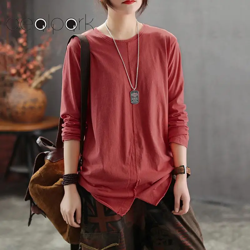 Женские хлопковые туники с длинным рукавом однотонные топы и блузки круглым