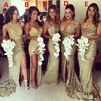 gold cheap bridesmaid dresses under 50 mermaid halter sequins sparkle slit sexy long wedding party dresses