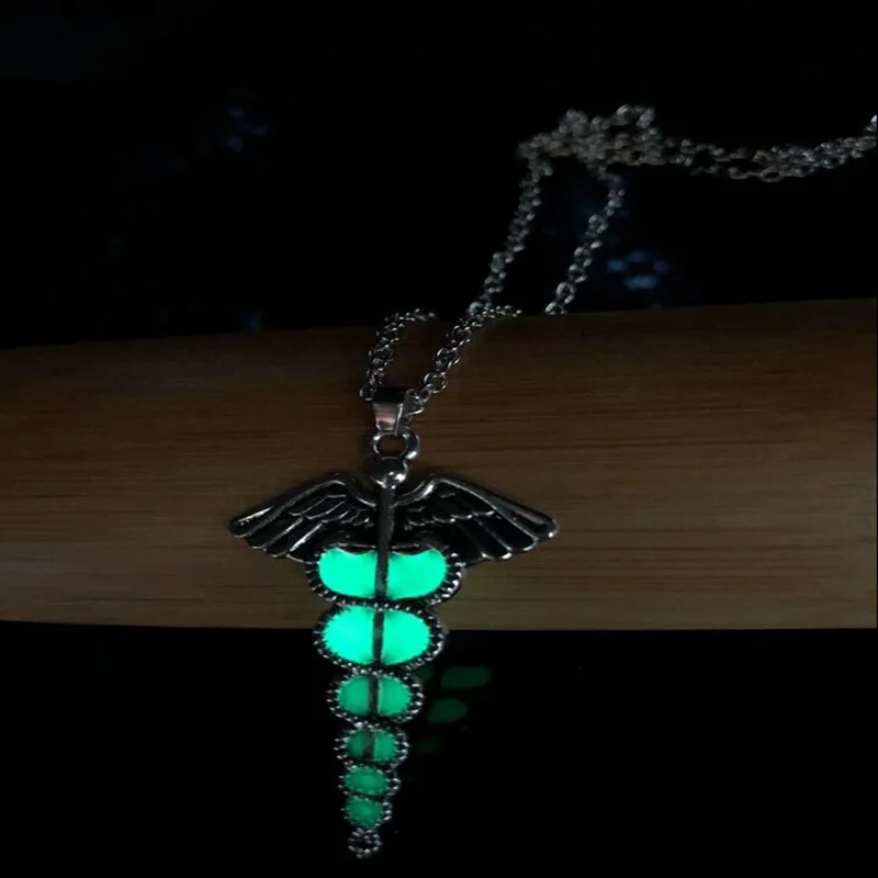 

Luminous Glow In The Dark Silver Plated Medical Symbol Nurse Doctor Pendant Caduceus Necklace Snakes Wings Necklace