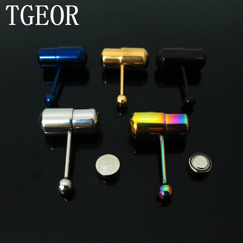 

free shipping 14G 1pcs titanium plated colors vibrating surgical Stainless Steel tongue piercing ring NICE