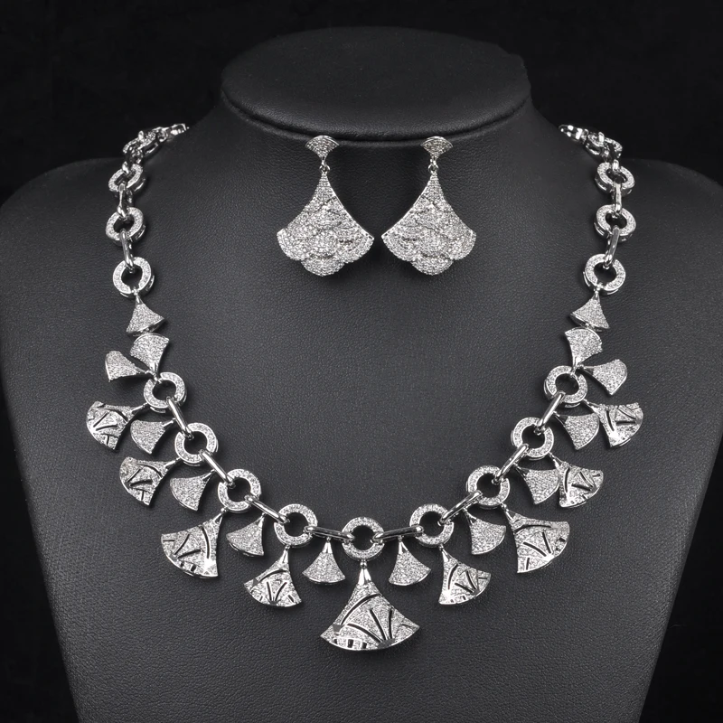 

New Arrival White Gold Color Beautiful Women Bridal Jewelry Sets Micro Cubic Zirconia Pave Necklace Sets Dress Accessories S-004