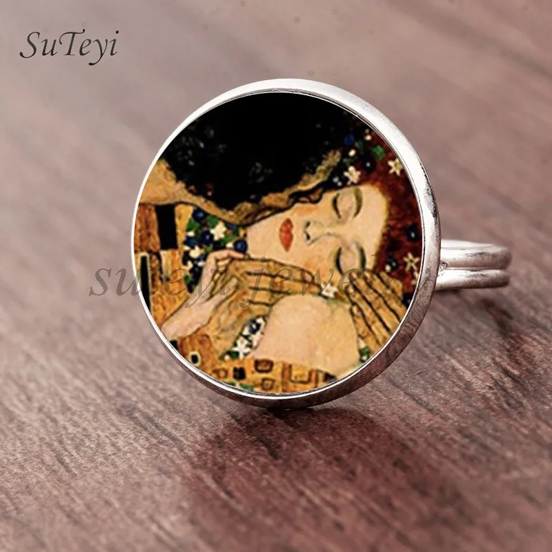 silver Suteyi, модные Камея Kiss Klimt из стекла, художественное кольцо для фото, ювелирные изделия ручной работы, регулируемый размер, кольца, подарки для девочек - Цвет основного камня: silver