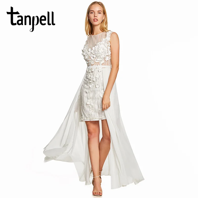 

Tanpell sheath cocktail dress ivory cap sleeves knee length gown cheap women scoop neck wedding party asymmetry cocktail dresses