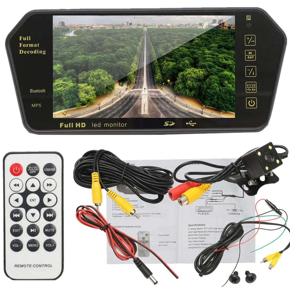 Монитор для парковочного зеркала заднего вида 7 дюймов TFT LCD MP5 bluetooth|Мониторы авто|