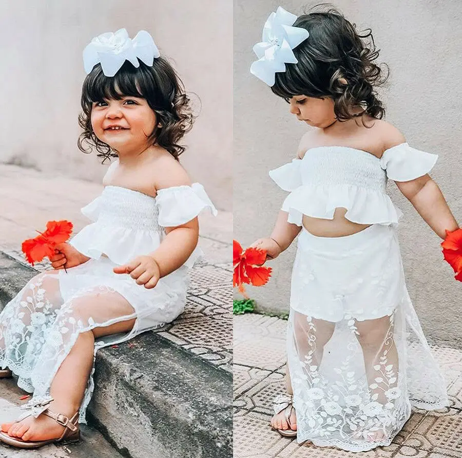 

Cute Toddler Kid Baby Girl White Lace Floral Tops Long Skirt Outfits Set Clothes