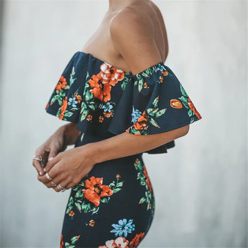 Frauen Schulterfrei Цветочные Bedruckte Sommerkleid Neue Damen ruschen Krause Bodycon Minikleid Abend вечерние Kleider Vestidos |