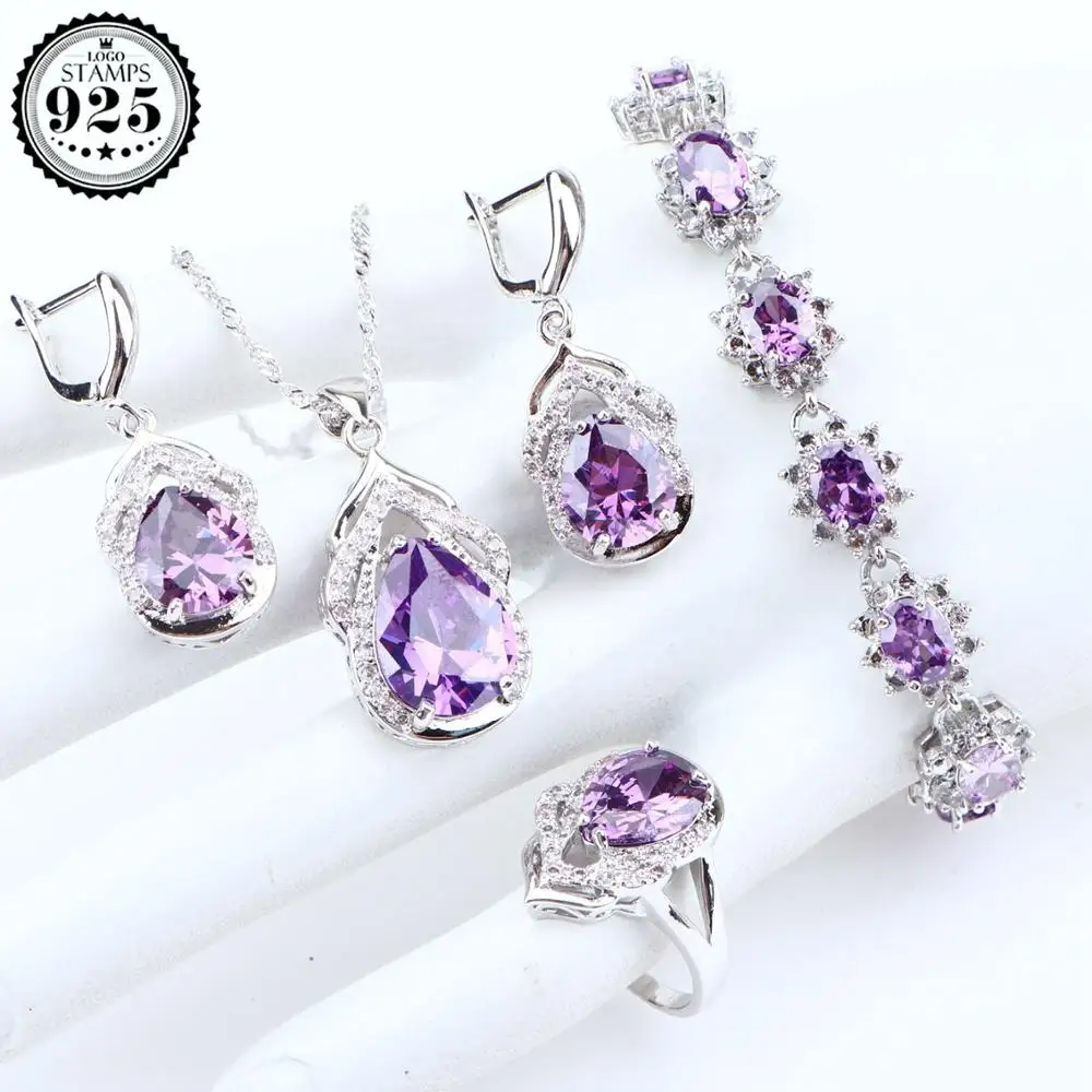 4PCS Свадебные фиолетовые кубические циркония свадебные серебряные 925 Ювелирные наборы серьги для женщин Ювелирное кольцо кулон ожерелье набор подарочная коробка - Окраска металла: 4PCS