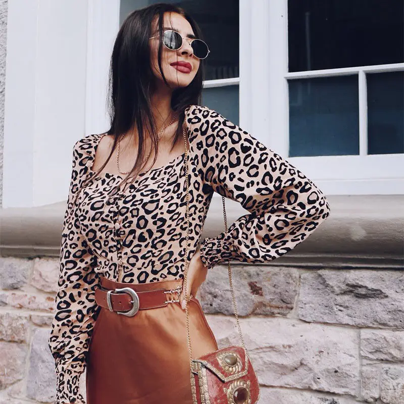 

Sexy Women Square Neck Leopard Printed Long Lantern Sleeve Pullovers Button Slim Split Club Party Autumn Shirts Crop Tops