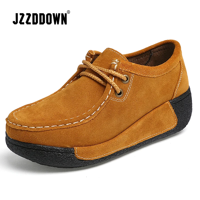JZZDDOWN/Женская обувь; натуральная кожа; замша; зимняя обувь на платформе; женские кроссовки с мехом; повседневные лоферы; женская обувь на танкетке