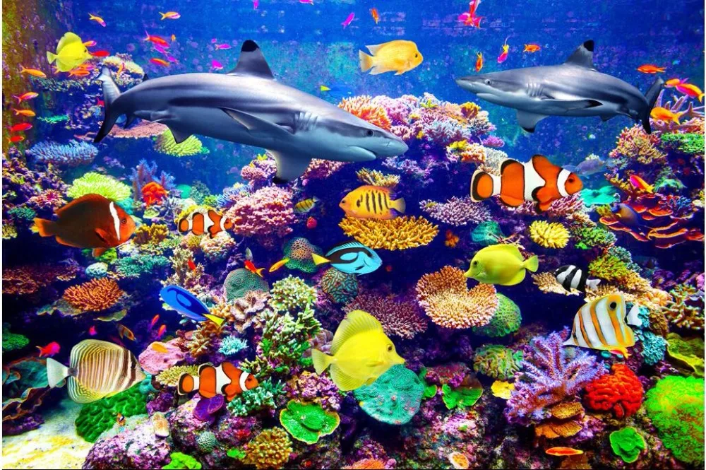 

WDBH custom mural 3d flooring picture pvc self adhesive wallpaper Coral shark fish home decor painting 3d wall murals wallpaper