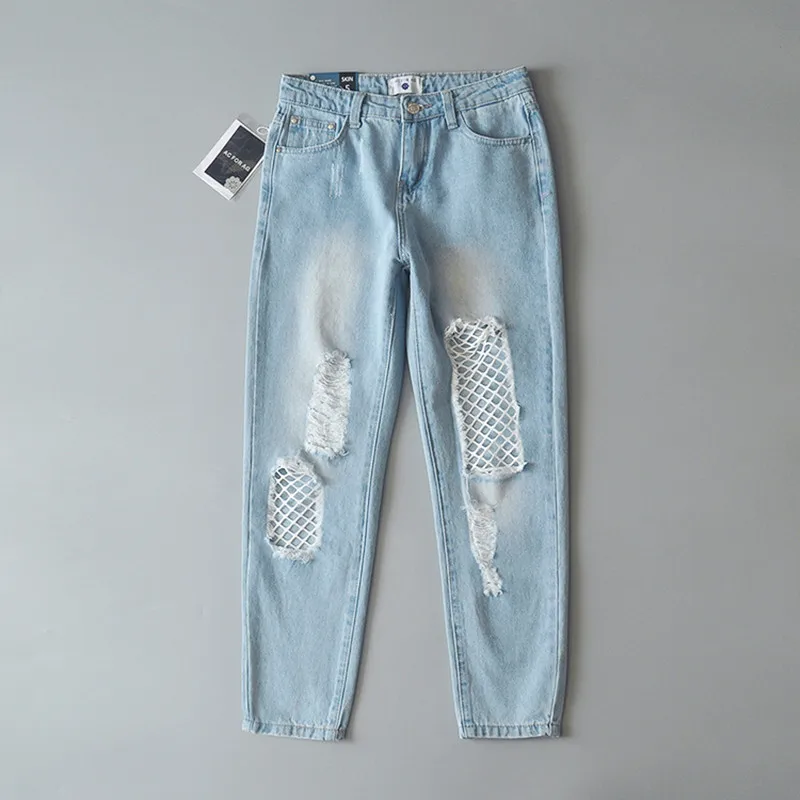 2019 women clothing Mid waist hole mesh spliced washed cotton jeans Female casual loose denim capris straight pants K2342 | Женская