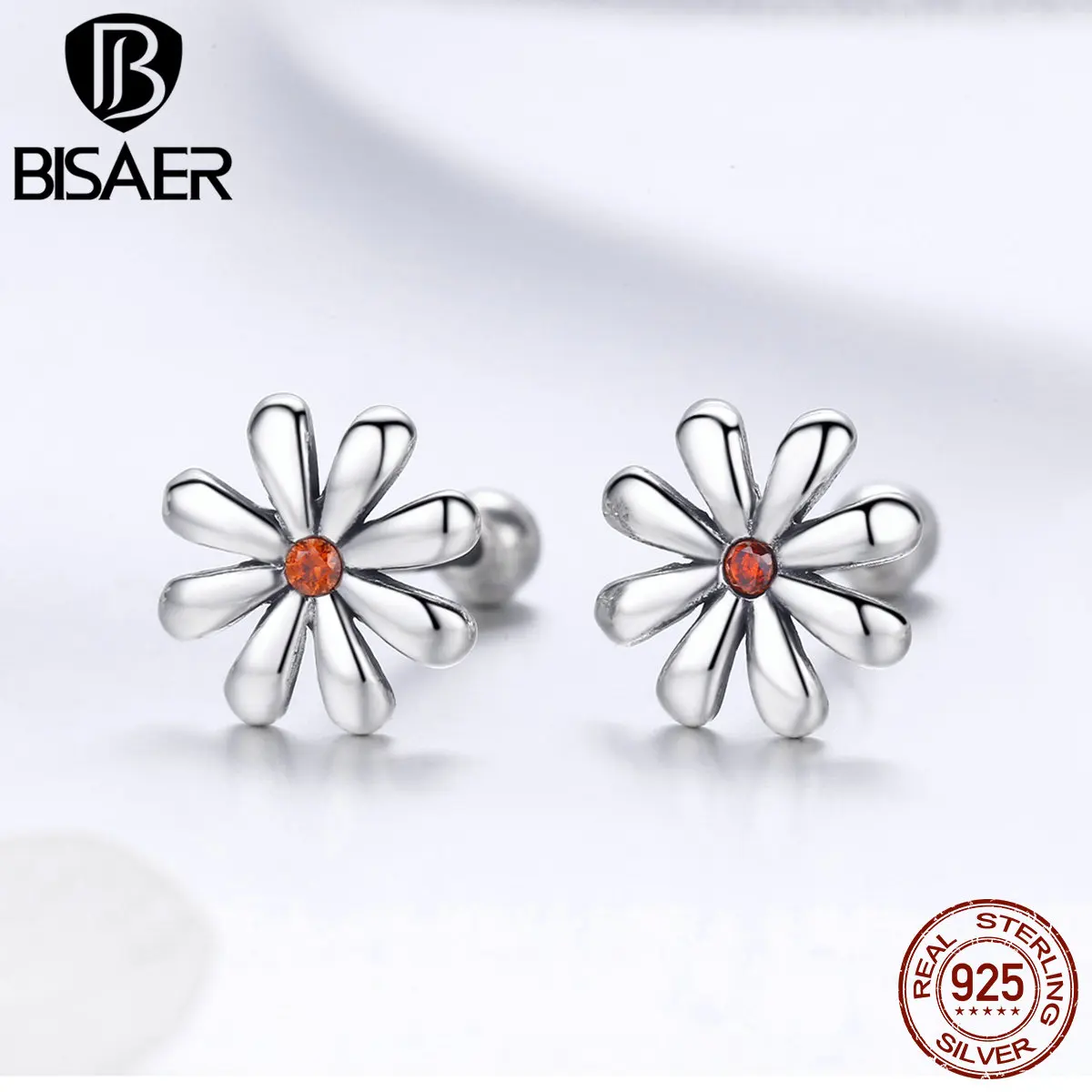 BISAER, серьги-гвоздики для женщин, 925 пробы, серебро, красный, с ромашками, эмалированное, цветок, Корея, серьги, дизайн, модное ювелирное изделие GXE460