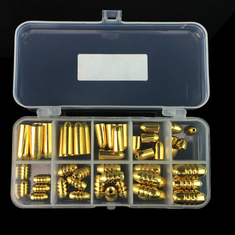

50Pcs/Set Copper Bullet Weights Fishing Sinkers in Plastic Fishing Accessories Tackle Box 1.8g/3.5g/5g/7g/10g
