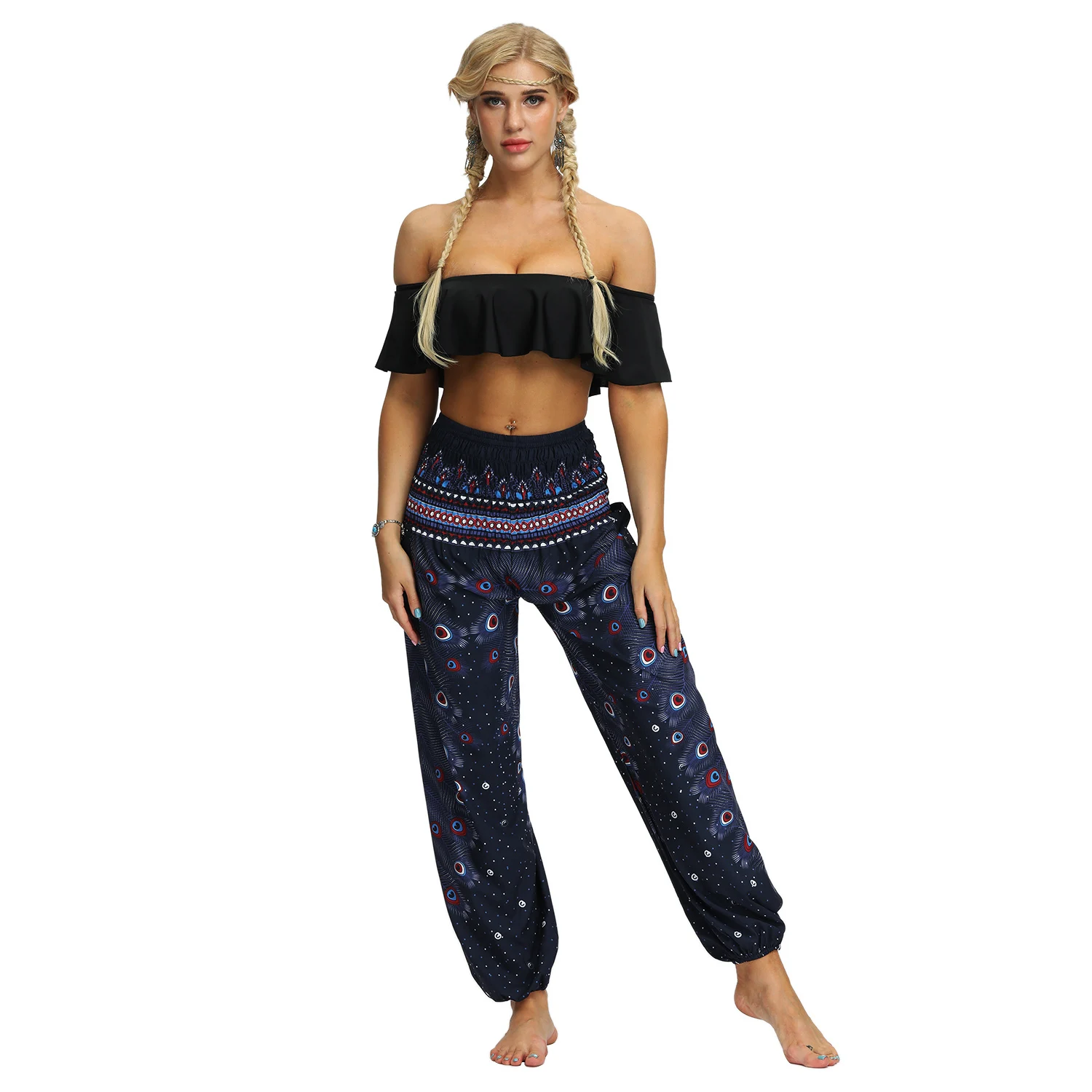 Женские шаровары с эластичной талией летние длинные брюки фонарики в стиле бохо