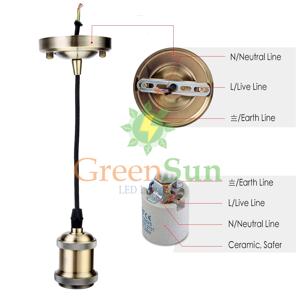 Алюминиевая ретро-лампа GreenSun 5 шт. карамельного цвета E27 с подвесным держателем