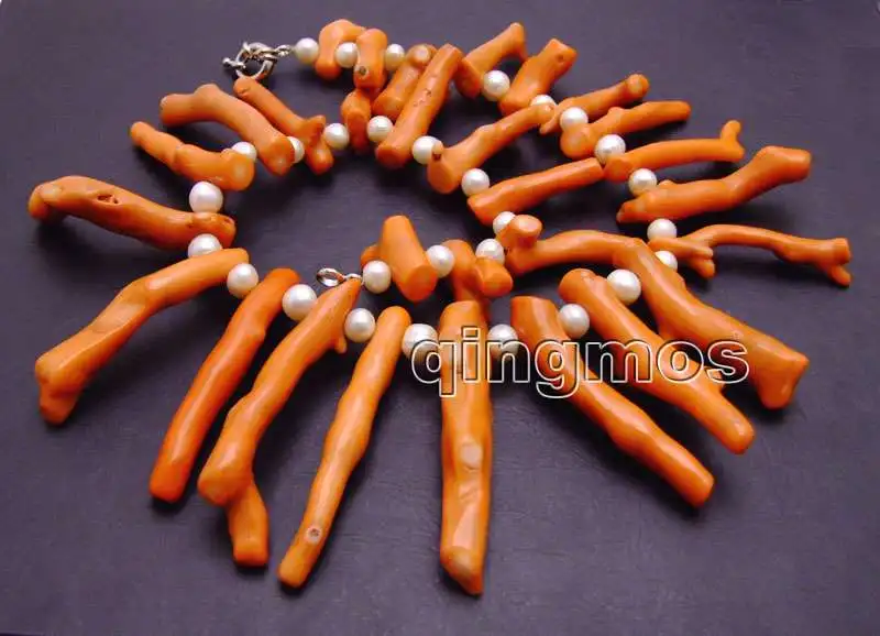Qingmos Big 8*70mm GENUINE Pink Branch shape Coral and 8-9mm White Pearl 18&quot Necklace-nec6162 Wholesale/retail Free shipping | Украшения