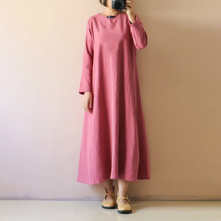 Spring Autumn New Original Design National Wind Solid Color Cotton Dress Long Section Large Size Retro Plate Button | Женская одежда