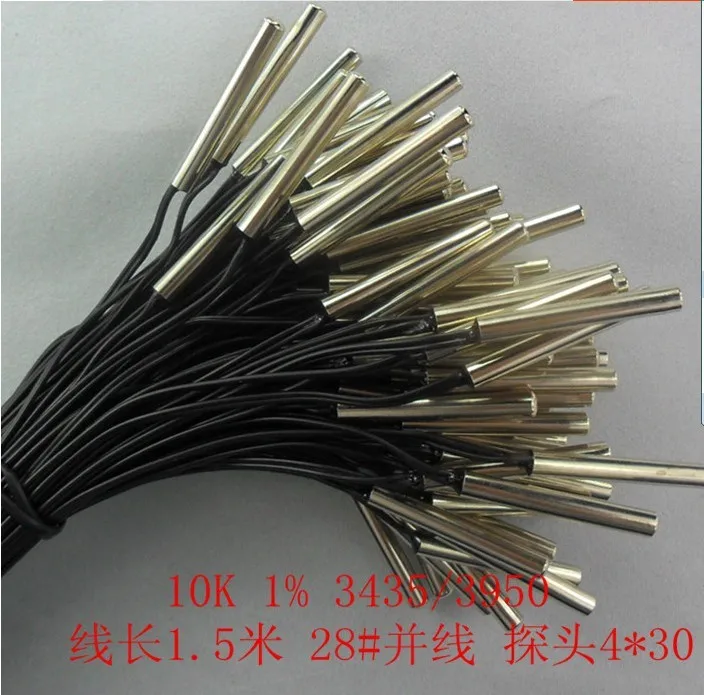 

Free ship 50pcs/lot probe 4*30mm 10K 1% 3950/3435 wire length 1.5 meters 28 # paralled yarn NTC temperature sensor