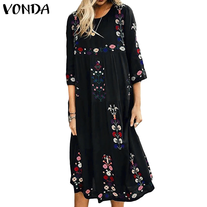 Летнее платье женское платье VONDA элегантные платья с круглым вырезом и рукавом 3/4 Длинные платья Повседневные Вечерние платья размера плюс сарафан 5XL