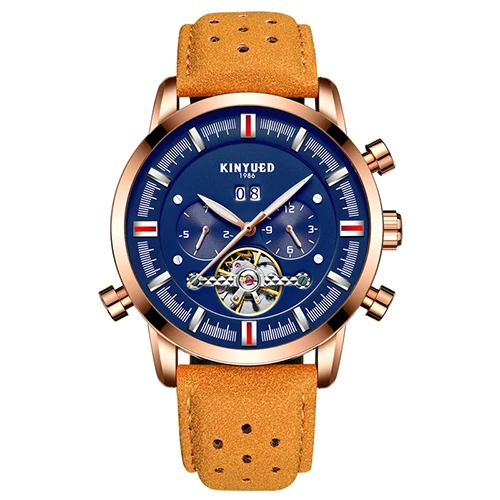 Gold Blue Brown KINYUED Для мужчин s лучших брендов механические часы Роскошные Perpetual Tourbillon автоматические часы Для Мужчин Скелет календарь Relogio Masculino - Цвет: Gold Blue Brown