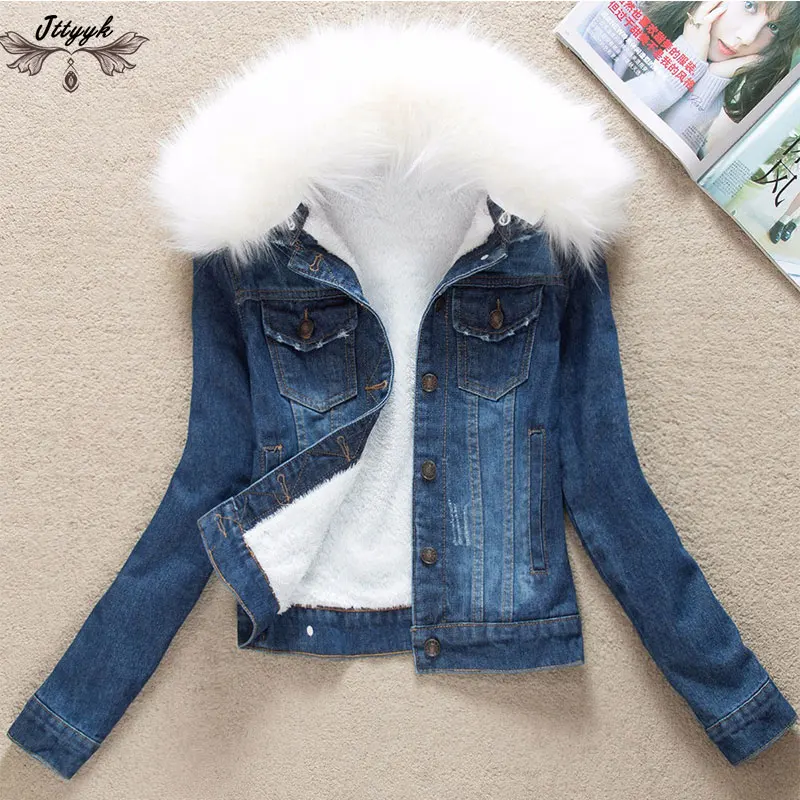 Dark blue White Зимние джинсовые куртки с меховым воротником плюс бархатная теплая парка верхняя одежда женское кашемировое хлопковое пальто Модная Джинсовая куртка для девочек LJ162 - Цвет: Dark blue White