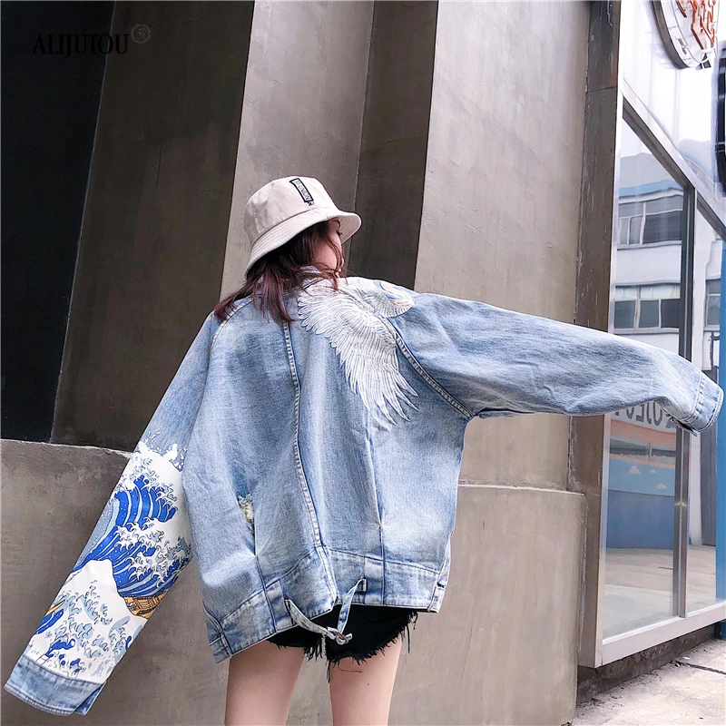2019 Harajuku джинсовая куртка Женская мода оригинальный кран с вышивкой для женщин
